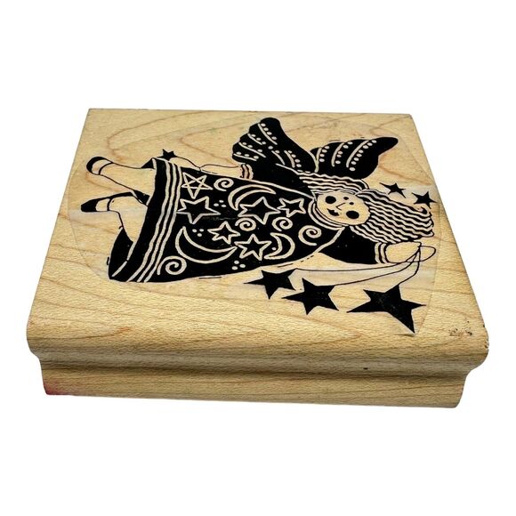 A Stamp In The Hand Angel with Stars Wood Mounted Rubber Stamp Vintage 1994 - Picture 3 of 6